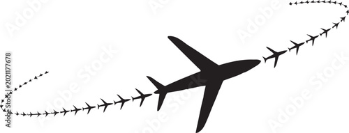 Obraz na płótnie Airplane silhouette icon with a creative curved flight path made of smaller plan