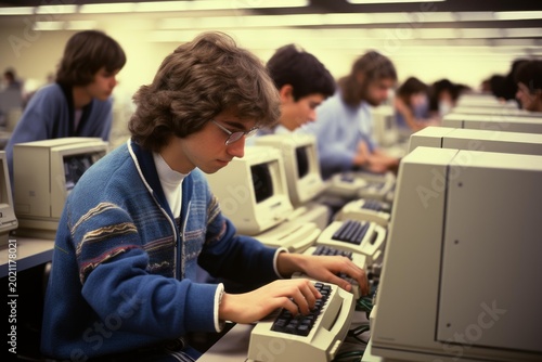 Young students are using vintage computers in a 1980s classroom setting