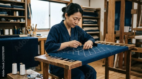 Focused Woman Stitching Indigo Textile on Wooden Frame in Craft Workshop