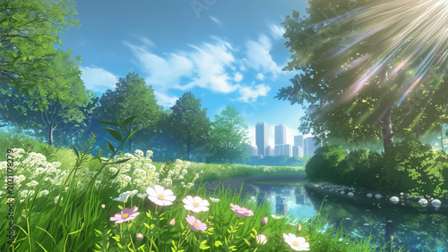 都会のビル群を遠くに望む緑豊かな公園の風景、清らかな川の流れと咲き誇る花々、木漏れ日が降り注ぐ爽やかな夏のアニメスタイルイラスト