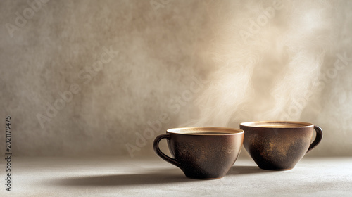 Two coffee cups with steam, warm cozy mood, light neutral textured background, asymmetrical composition, wide frame, copy space