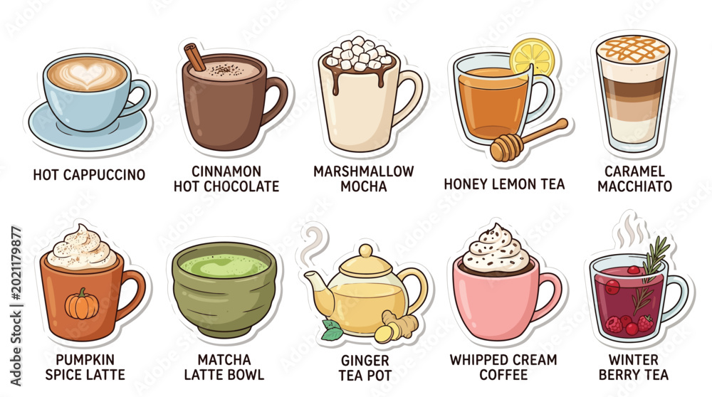 Obraz premium A vibrant collection of ten delicious hot beverages, including coffee, tea, and cocoa, perfect for cozying up.