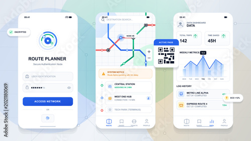 Photos Route Planner Mobile App UI with Transit Map and Data Dashboard