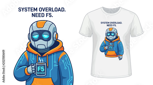 Foto The t-shirt design features a futuristic robot character humorously proclaiming 'System Overload