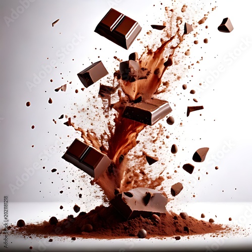 A chocolate explosion that is dynamic, with liquid splashing and bits shooting off the top