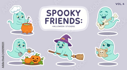 Photos A collection of cute, animated ghosts with various Halloween costumes and props, showcasing their playful nature and festive spirit in a cartoonish style