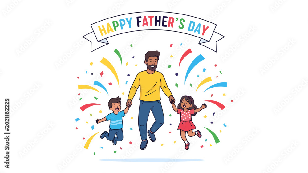 Fototapeta premium Celebrating Father's Day: A loving father joyfully celebrates Father's Day with his two children, creating a heartfelt illustration that captures the essence of familial love and appreciation.