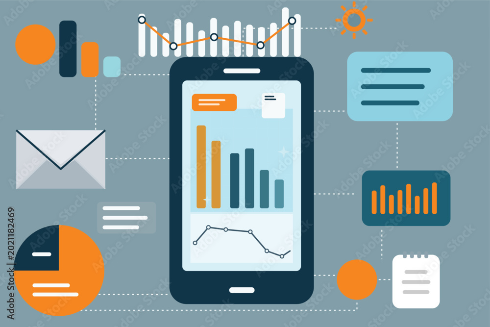 Obraz premium Digital marketing and analytics on a smartphone, with charts and graphs representing data analysis and strategy