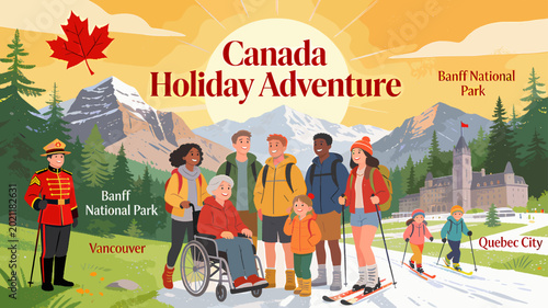 Cuadro en lienzo A diverse group of people enjoying a Canadian holiday adventure, featuring iconic landmarks and activities across the country