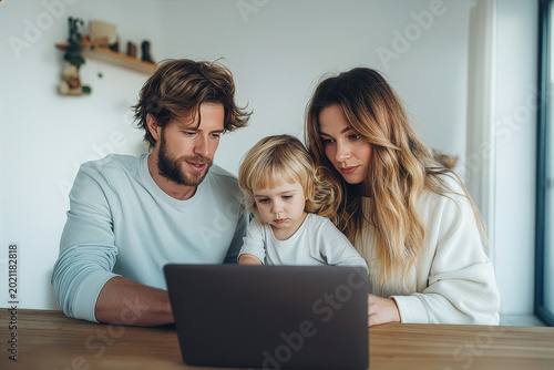 Parents and child using laptop at home family learning