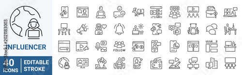 Set of 40 outline icons related to Influencer. Linear icon collection. Editable stroke. Vector illustration