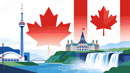 Canvas-taulu Iconic Canadian landmarks and symbols, including the CN Tower, Parliament Hill, Niagara Falls, and the Maple Leaf flag, presented in a vibrant illustration