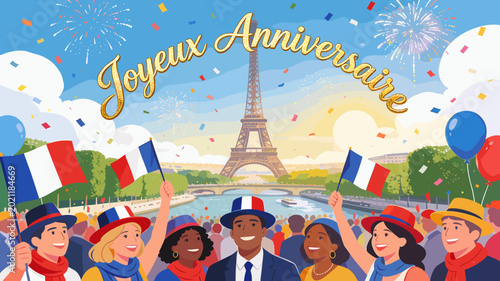 Photos A vibrant illustration of a diverse crowd celebrating a 'Joyeux Anniversaire' in Paris, with the Eiffel Tower, French flags, confetti, and fireworks