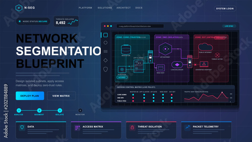 Obraz na płótnie Network segmentation blueprint with cybersecurity dashboard