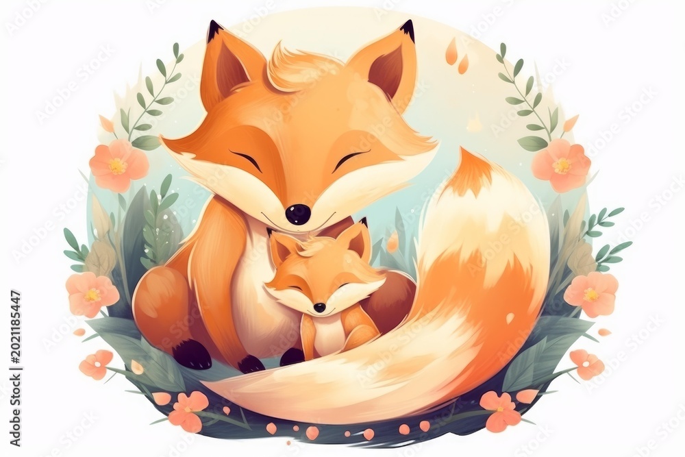 Fototapeta premium Fox mother and cub cuddling in nature, surrounded by flowers and green leaves