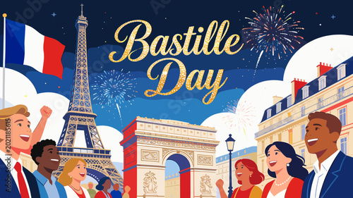 Photos An illustration of Bastille Day celebration in Paris with the Eiffel Tower, Arc de Triomphe, French flag, fireworks, and diverse people cheering