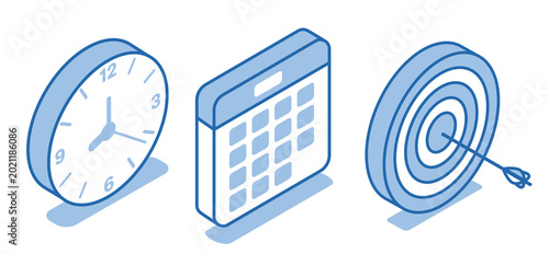 Isometric vector set of icons of a calendar with a clock and a target with an arrow in a linear style on a white background