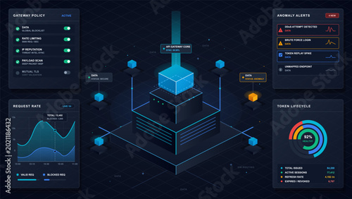 Foto API gateway security dashboard with anomaly alerts