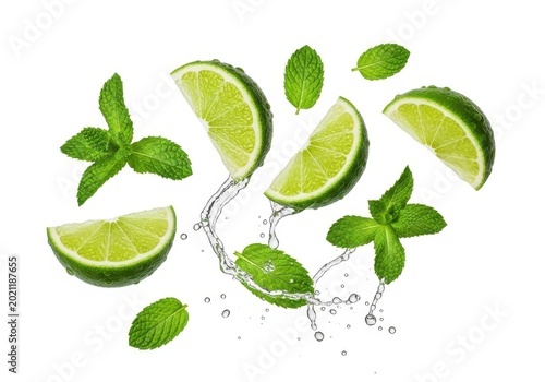 Lime slices and mint leaves with water splashes