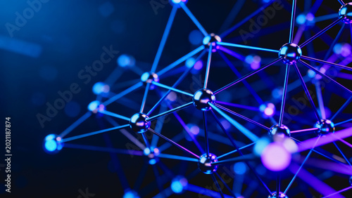 This 3D rendered visualization shows a glowing molecular neural network, with connected nodes and glowing lines in dark blue and purple tones, representing digital science and technology concepts.