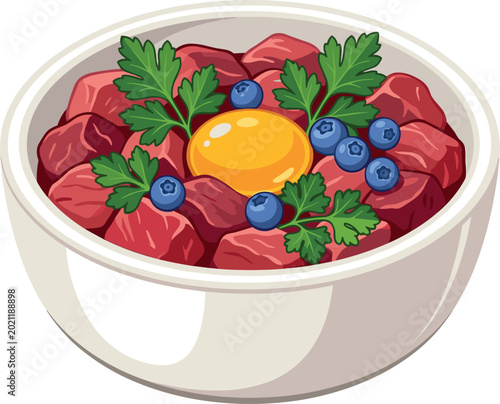 фотографія Healthy Raw Pet Food Bowl with Fresh Meat, Egg Yolk, Blueberries, and Herbs for