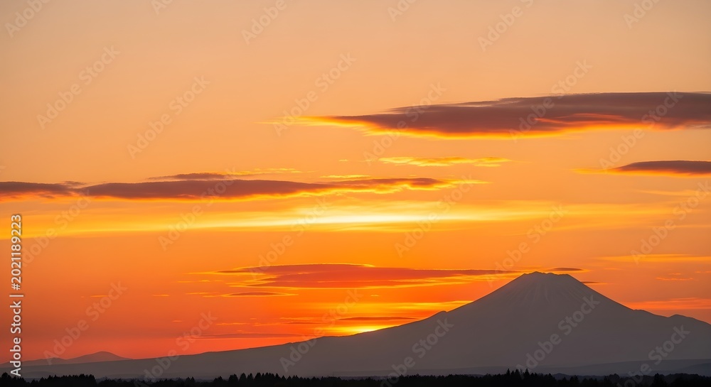 Fototapeta premium Breathtaking sunset view with the iconic silhouette of mount fuji against a vibrant orange and golden sky in japan