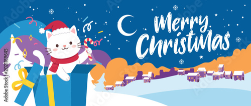 Bild auf Leinwand A playful illustration of a snow-white cat in a festive setting, spreading joy and holiday cheer with Christmas elements, perfect for seasonal celebrations and greetings