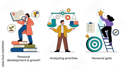 Tableau sur toile This image is a vibrant illustration focusing on personal development, growth, and priority analysis, intended to inspire individuals to pursue their goals effectively