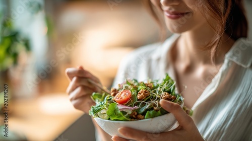 Woman eating salad in natural light
