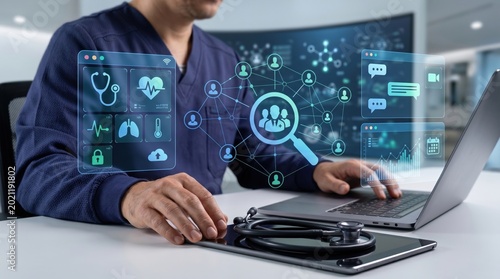 Doctor reviewing patient data and network connections on futuristic medical interface