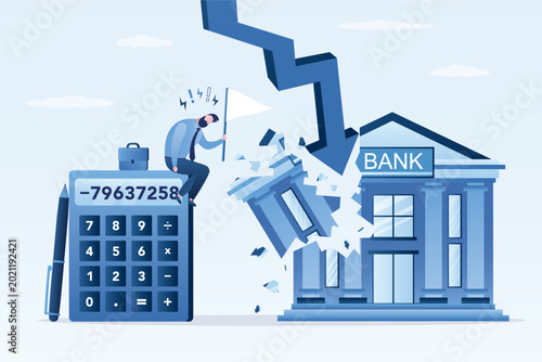 Photos Stressed and desperate businessman sits on giant calculator next to bank building, expressing financial loss, bankruptcy, economic crisis and sense of giving up