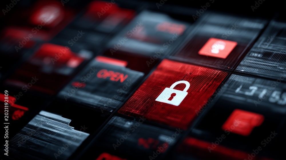 Obraz premium Red security icon on digital key representing data loss safety breach information leak risk.