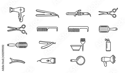 Hair Styling and Salon Tool Icon Set: Minimalist Outline Illustrations for Barbershop Equipment, Professional Hairdressing Supplies, Beauty Parlor Services, and Personal Grooming Symbols