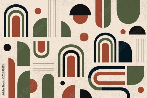 Abstract mid century modern geometric pattern with retro arches, organic shapes in earthy terracotta olive tones. Contemporary boho background with terrazzo texture, textile, packaging,  branding 