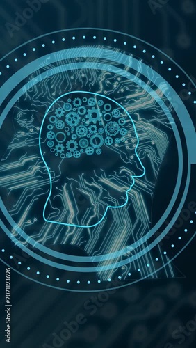 Vertical video: On loading cyan head pulsing gears circuits flowing right showing data processing