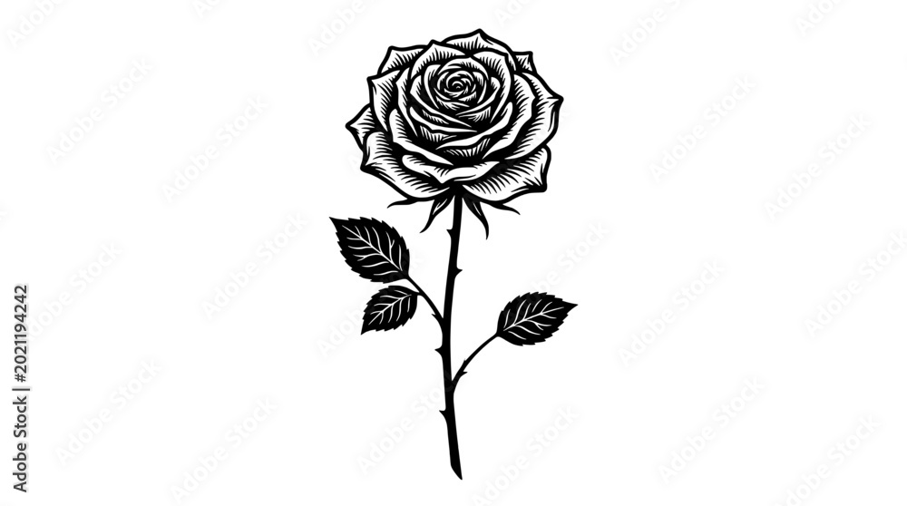 Fototapeta premium Rose flower tattoo sketch with detailed linework, vintage engraving style, single stem bloom for greeting cards and design