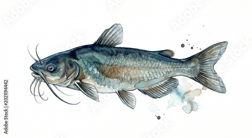 Watercolor Illustration of Freshwater Catfish Isolated on White