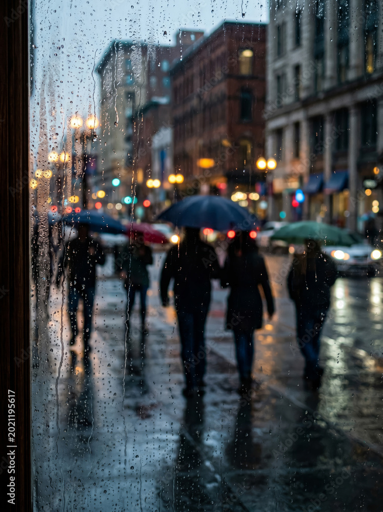 Obraz premium People walking with umbrellas on a rainy city street at dusk