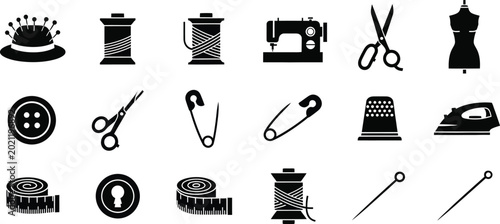 sewing icons and tools for fashion design and tailoring