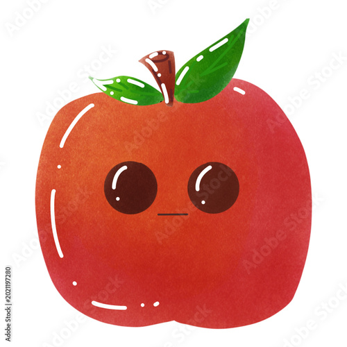 Cute red apple character with a face, watercolor illustration