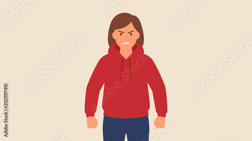 Foto Angry young woman in red hoodie.