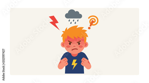 Photography Angry cartoon boy with lightning thoughts.