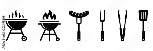 Tableau sur toile Barbecue grilling icon collection with black silhouette grill sausage fork tongs