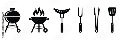 Bild auf Leinwand Barbecue and grilling icon set featuring black silhouette grills sausage fork to