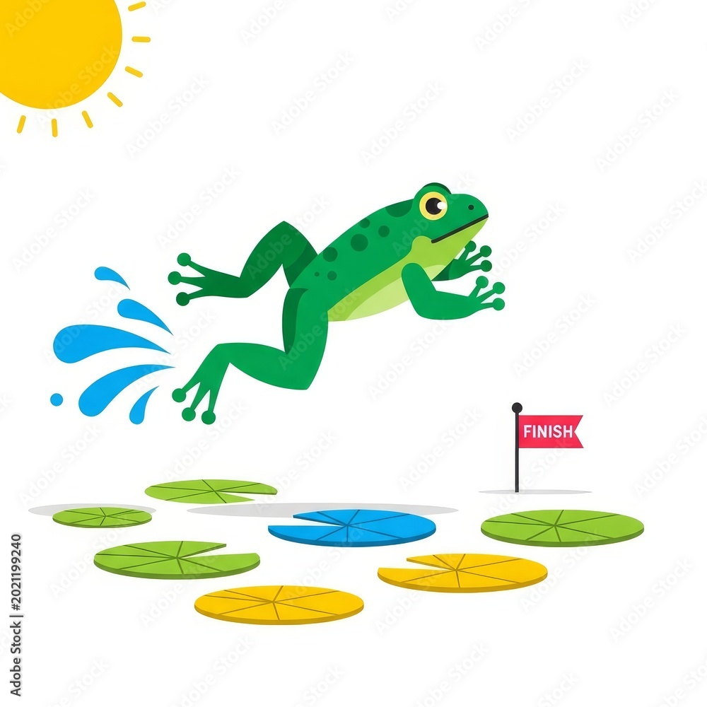 Fototapeta premium Illustration for National Frog Jumping Day with a frog jumping across lily pads