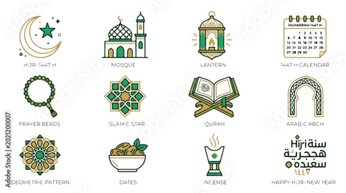 Islamic New Year 1448 icon set featuring mosque, lantern, calendar, and traditional Arabic elements for Muharram