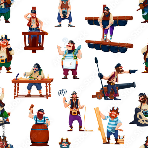 Tableau sur toile Pirate and corsair crew characters seamless pattern in different poses, as saluting, smoking a pipe, standing on a mast or cooking
