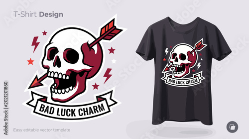 Foto This striking t-shirt design features a skull with an arrow and lightning effects, encapsulating the theme of bad luck in a bold and artistic representation