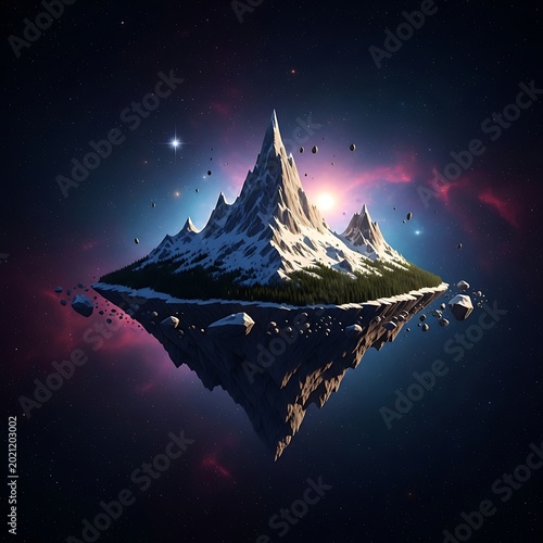 Floating snowy mountain peak hovering in deep space surrounded by asteroids and glowing nebula clouds with cinematic lighting for epic fantasy background concepts