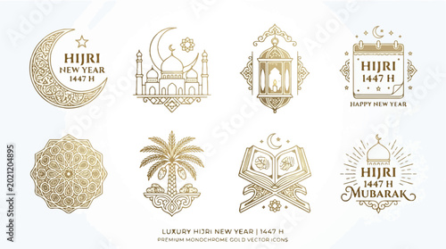 Islamic New Year 1448 gold icon set featuring Muharram symbols and Arabic calligraphy